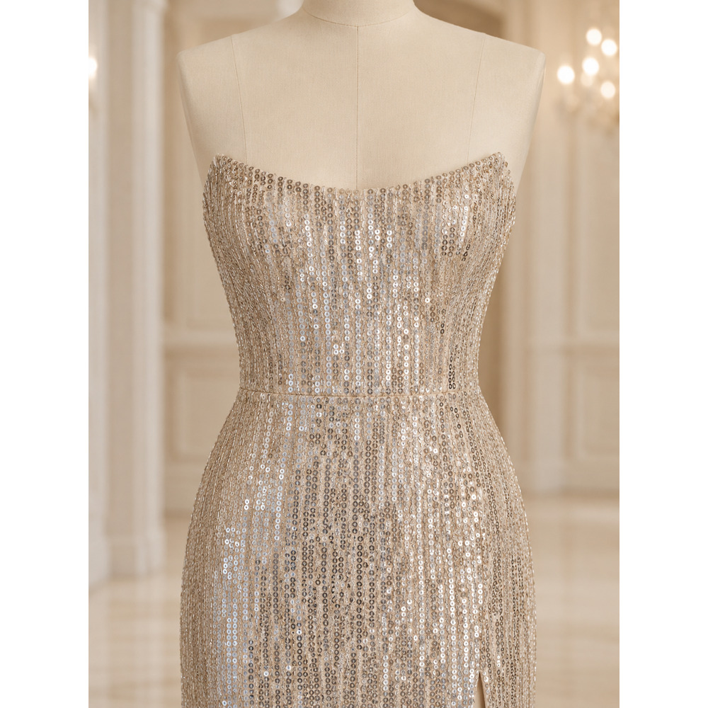 Betsy & Adam Size 12 Champagne Beaded Sequin Strapless Formal Prom Gown NWT - Picture 6 of 8
